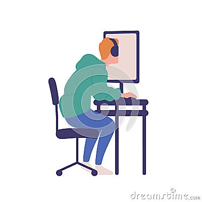 Young man sitting at computer isolated on white background. Boy with online gaming obsession, internet addiction Vector Illustration