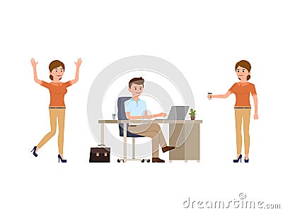 Young man sitting at the desk, using laptop. Young woman holding coffee, happily laughing. Cartoon character casual look. Vector Illustration