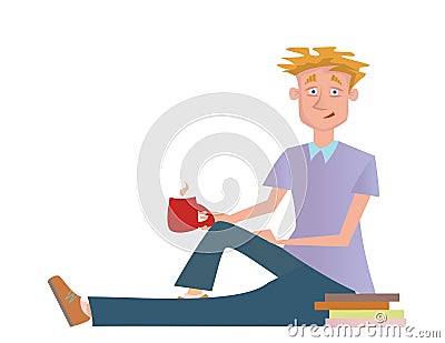 A young man sitting on the floor next to the stack of books and drinking coffee. Vector Illustration