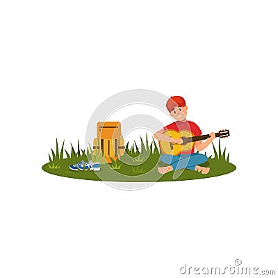 Young man sitting on grass with crossed legs and playing guitar. Rest at nature. Flat vector design Vector Illustration