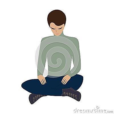 Young man sitting head bowed yoga relaxation meditation isolated on white background art creative vector illustration Vector Illustration
