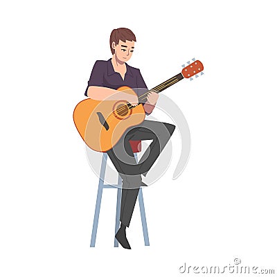 Young Man Sitting on High Chair Playing Acoustic Guitar, Musician Guitarist Character Performing at Concert Cartoon Vector Illustration