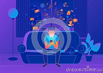 Young man sitting at home on the couch and texting messages Vector Illustration