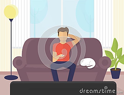 Young man sitting at home on the sofa watching tv and drinking beer Vector Illustration