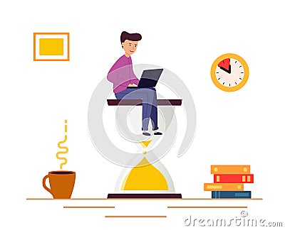 Young Man sitting on an hourglass and works on laptop. Deadline, Business process, Vector Illustration