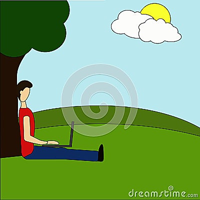 Young man sitting in the park under a tree and working with laptop. Flat modern illustration of social networking, searching and s Cartoon Illustration