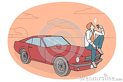 Young man sitting on retro car smoking Vector Illustration