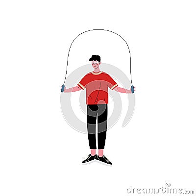 Young Man Skipping with Jump Rope, Male Athlete Character in Sportswear, Physical Workout Training, Active Healthy Vector Illustration