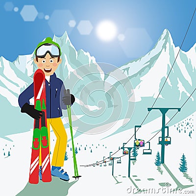 Young man with skis and poles standing in front of mountains with ski chair lift and bright sun in ski resort Vector Illustration