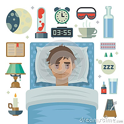 Young man with sleep problem insomnia and items. Vector Illustration