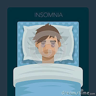 Young man with sleep problem insomnia. Vector Illustration