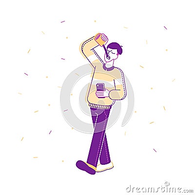 Young Man with Smartphone in Hand Walking and Drinking Coffee in Disposable Cup. Morning Takeaway Drink Vector Illustration