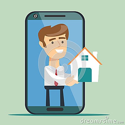 Young man from smartphone screen giving house, isolated on background. Real estate agent handing holding in palm home. Vector Illustration