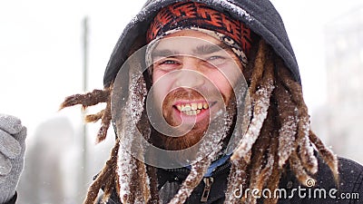 Young Man Smile Camera In Winter Snow Forest Guy Outdoors Walking