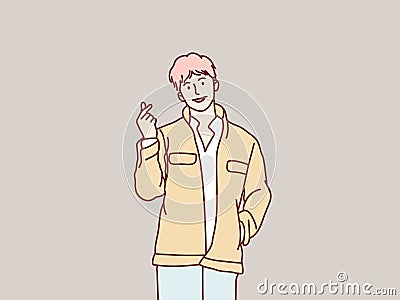 Young man smiling happy showing mini heart shaped love hands gesture simple korean style illustration Vector Illustration