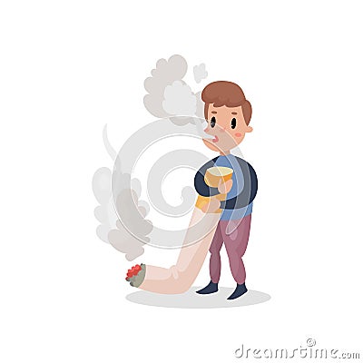 Young man smoking giant cigarette, harmful habit and addiction cartoon vector Illustration Vector Illustration