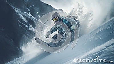 Young man snowboarder running down the slope in Alpine mountains. Winter sport and recreation, leisure outdoor Stock Photo