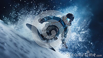 Young man snowboarder running down the slope in Alpine mountains. Winter sport and recreation, leisure outdoor Stock Photo