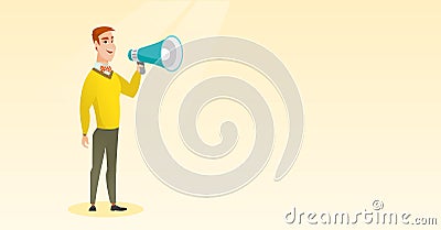 Young man speaking into megaphone. Vector Illustration