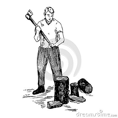 A young man is splitting firewood with an ax on a long handle, hand drawn doodle, sketch, vector illustration Vector Illustration