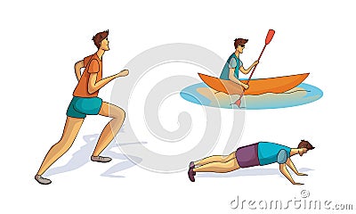 Young Man in Sportswear Running, Doing Push-ups and Kayaking Vector Set Vector Illustration