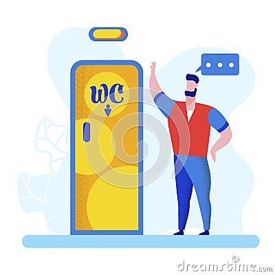 Young Man Stand at Door with WC Sign. Watercloset Vector Illustration