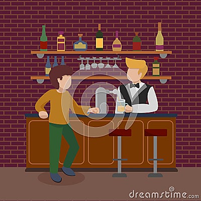 Young man standing at bar counter. Boy orders a glass of foamy light beer. Pub bartender serving client. Barman pours alcohol. Bar Cartoon Illustration