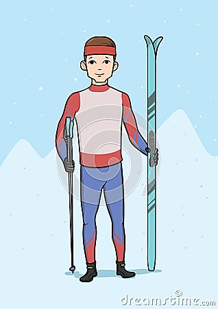 Young man standing with cross country skiing. Winter sports, ski race. Vector illustration. Vector Illustration