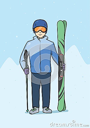 Young man standing with mountain ski. Winter sports, skiing. Vector illustration. Vector Illustration