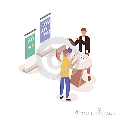 Young man standing near promotional stand, talking to promoter, seller or consultant and tasting drinks or beverages Vector Illustration