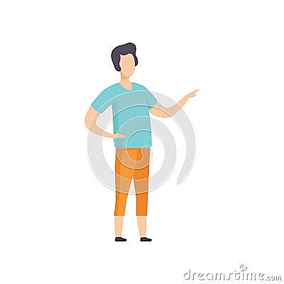 Young man standing pointing finger, faceless person character gesturing vector Illustration on a white background Vector Illustration