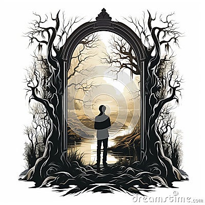 Gothic Illustration: Intricate Landscapes And Flowing Silhouettes Stock Photo
