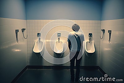 A young man stands by the urinals in a public toilet, Generative AI Stock Photo