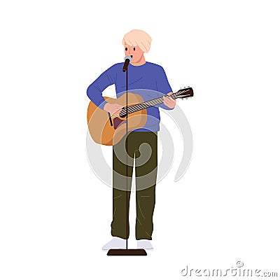 Young man standup comedian cartoon character performing with guitar singing short humorous songs Vector Illustration