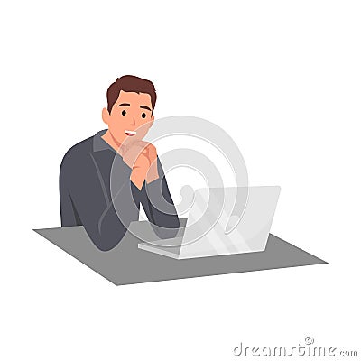 Young man staring at a laptop. Man looking at computer. Thinking man Vector Illustration