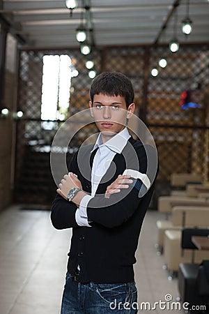 Young man stay in espress bar. Stock Photo