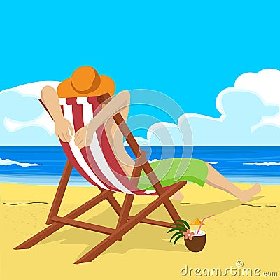 Young man in straw hat sitting in deck chair on tropical beach looks into the distance Vector Illustration