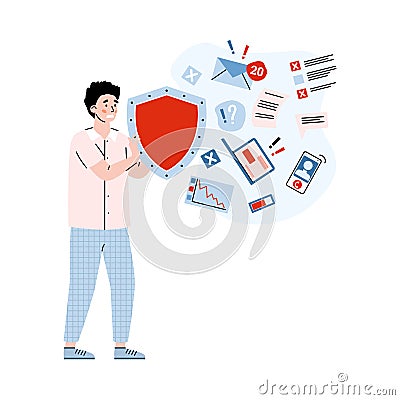 Man in a state of stress and panic overwhelmed of information flow internet data Vector Illustration