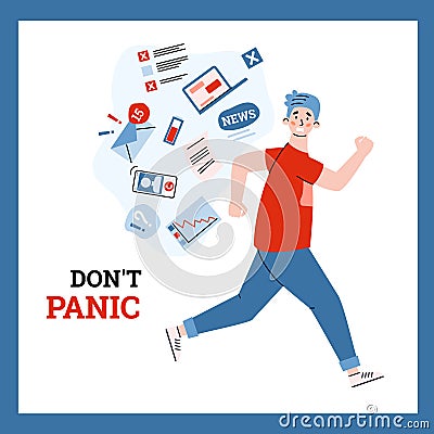 Young man in stress run away from information data stream a vector poster Vector Illustration