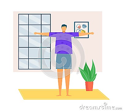 Young man stretching arms wide open indoors. Person doing morning exercises at home. Wellness routine and home workout Cartoon Illustration