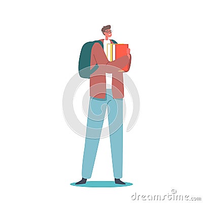 Young Man Student Character in Glasses with Backpack and Books. Male Character Gaining Education Knowledge Concept Vector Illustration