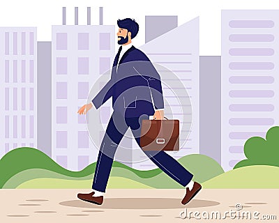 A young man in a suit and briefcase hurries to work. Urban landscape. Illustration, clip art vector Vector Illustration