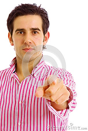 Young man in a suit pointing with his finger Stock Photo