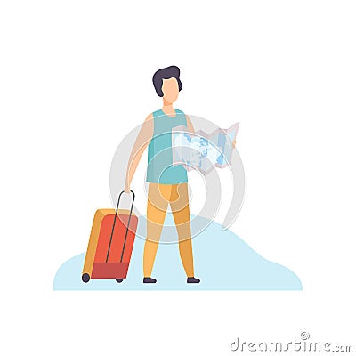 Young Man with Suitcase Holding Paper Map, Tourist Watching on the Road Map Vector Illustration Vector Illustration