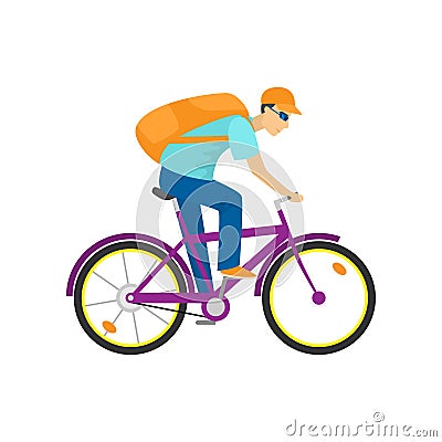 Young man in sunglasses and big backpack riding purple bicycle at high speed Vector Illustration