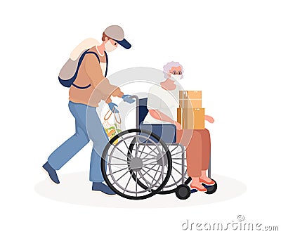 Young man supporting and caring disabled old woman on wheelchair vector flat cartoon illustration. Vector Illustration