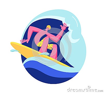 Young Man Surfer in Swim Wear Riding Big Sea Wave on Board. Summertime Activity, Healthy Lifestyle, Vacation Leisure Vector Illustration