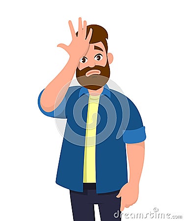 Young man surprised with hand on head for mistake, remember error. Vector Illustration