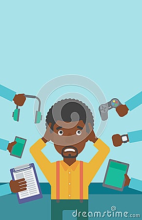 Young man surrounded with his gadgets. Vector Illustration