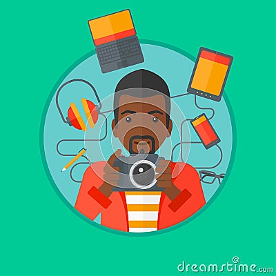 Young man surrounded with his gadgets. Vector Illustration